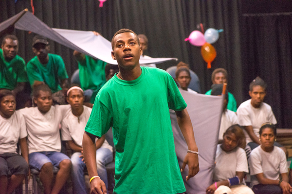 A member of Wan Smolbag Theatre's youth troupe performs in their play, 'Yumi Stap Wea?'
