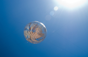 This scultpure hangs suspended over a public square in Wellington's waterfront area.
